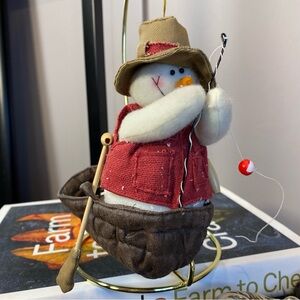 Fishing Snowman Wool Christmas Holiday Ornament with Red Vest Handmade